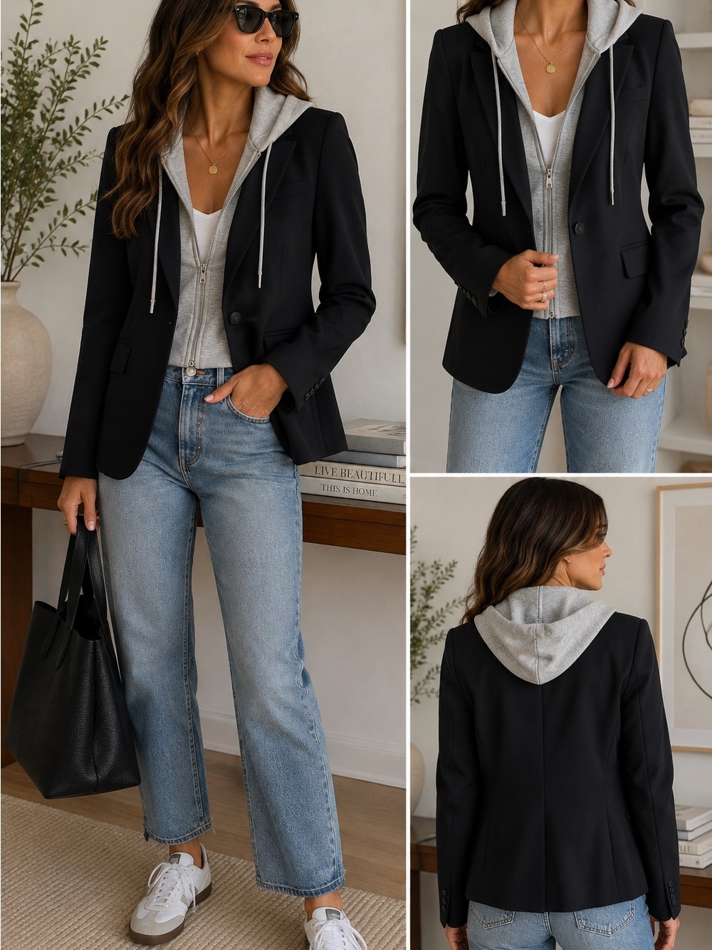 Central Park West Black Blazer Gray Hoodie Layered Jacket Size L